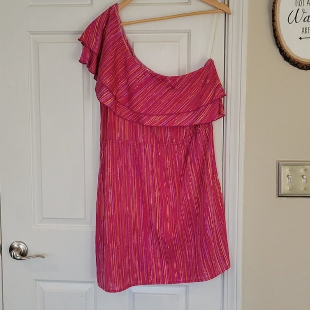 Indulge One Off The Shoulder Pink Purple & Orange Dress Size: XL